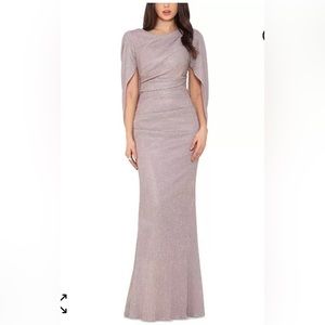 BETSY & ADAM
10 Petite Cape-Back Metallic Evening Gown, Mother of Bride, Party